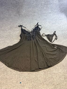 Sheer Lace-Trim Black Chemise with Matching Thong